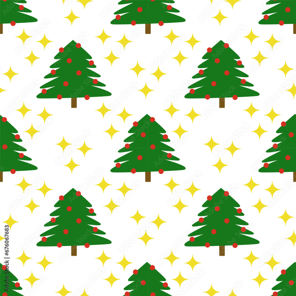 Seamless abstract pattern with christmas tree, stars. Green, red, yellow. White background. Vector. Christmas, New year. Designs for textile fabrics, wrapping paper, background, wallpaper, cover.