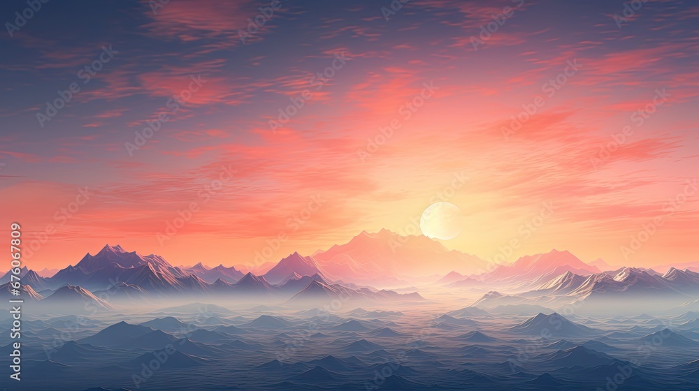  a painting of a mountain range with the sun setting in the distance and clouds in the foreground with a red and blue sky.  generative ai