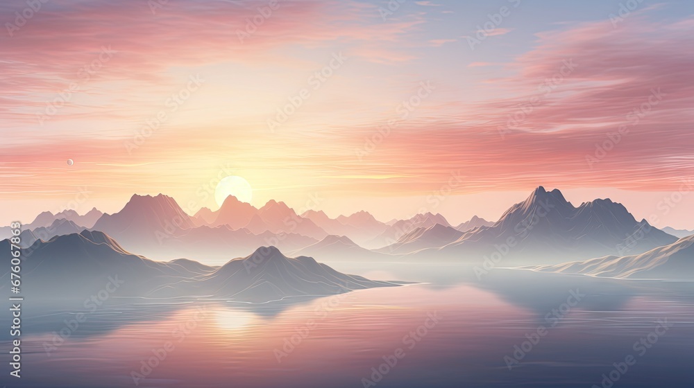  a painting of a sunset over a mountain range with a body of water in the foreground and mountains in the background.  generative ai