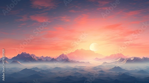  a painting of a mountain range with the sun setting in the distance and clouds in the foreground with a red and blue sky. generative ai