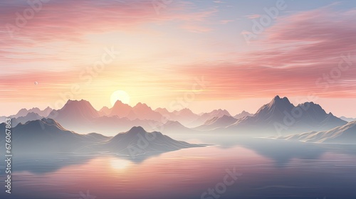  a painting of a sunset over a mountain range with a body of water in the foreground and mountains in the background. generative ai
