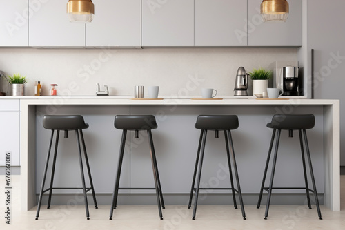 Minimalist metal bar stools complement a modern kitchen in sleek gray tones photo