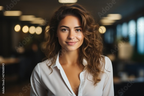 Smiling businesswoman in casuals standing in office.