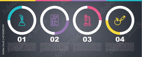 Set line Plant breeding, Clinical record, Test tube flask on fire and Genetically modified apple. Business infographic template. Vector