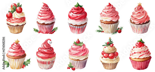 set watercolor illustration  christmas cupcake decorated with a star  pink cream  christmas sweets  winter cranberries  christmas toys