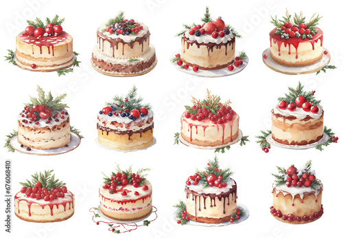 set of watercolor illustration, Christmas cake decorated with cranberries and Christmas tree branches, Christmas decorations, New Year sweets, Christmas toys