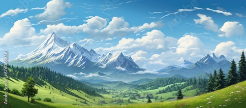 During summer travels the picturesque landscape of lush green trees vibrant grass and majestic mountains against a backdrop of clear blue skies and snowy peaks create an idyllic background 