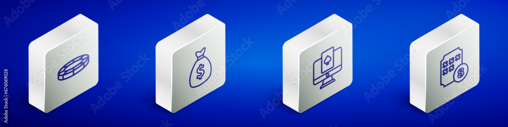 Φωτογραφία Set Isometric line Casino chips, Money bag, Online poker table game and Lottery ball bingo card icon