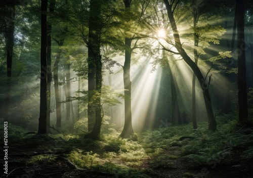 "Enchanted Glade: A Sunlit Forest Clearing Bathed in Golden Beams of Light." Generativ ai.