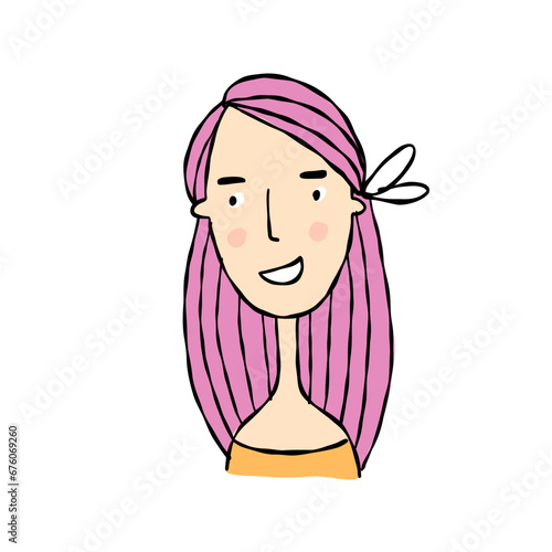 Woman avatar. Beautiful young woman portrait with pink hair style isolated on...