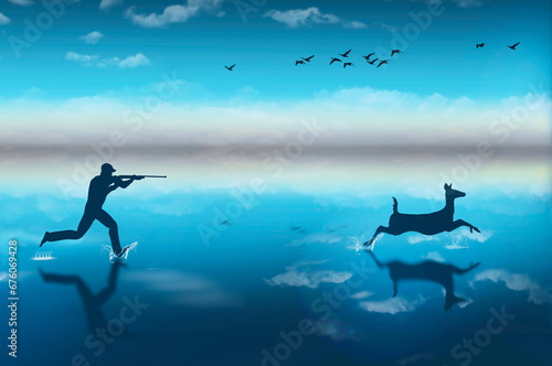 A deer hunter runs through the water in pursuit of an antlerered deer along an ocean cove shoreline at dusk in this 3-d illustration opinionated view of hunting. photo