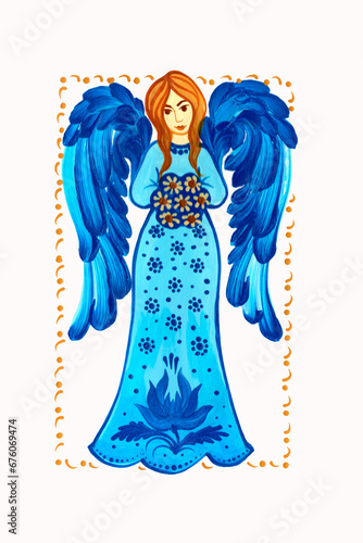 Christmas angel in blue color, hand drawn.