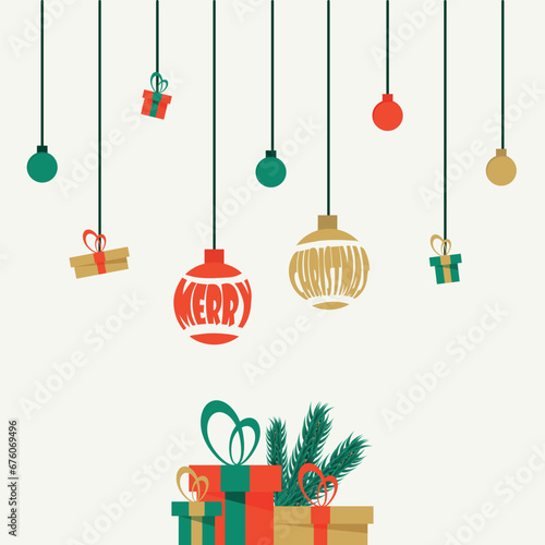 Christmas background with decorative design elements. Festive composition with Christmas balls, the inscription Merry Christmas, gifts and Christmas tree branches. Vector illustration