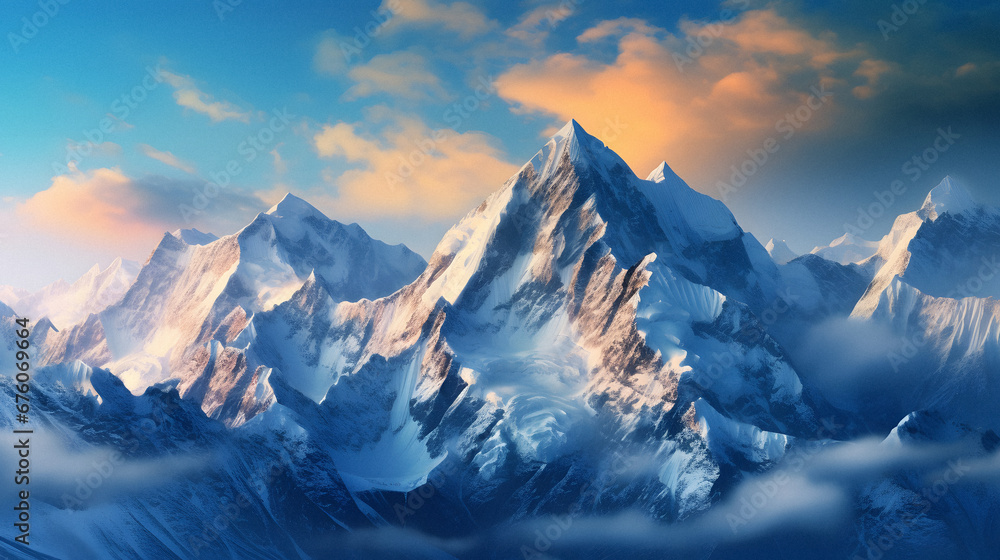 Majestic Mountain Range Bathed in the Glowing Morning Light, Highlighting the Snow-Capped Peaks, Enhanced with Cool Tones to Portray a Crisp and Fresh Aura Majestic Mountain Range Bathed in the Glowing Morning Light, Highlighting the Snow-Capped Peaks, Enhanced with Cool Tones to Portray a Crisp and Fresh Aura