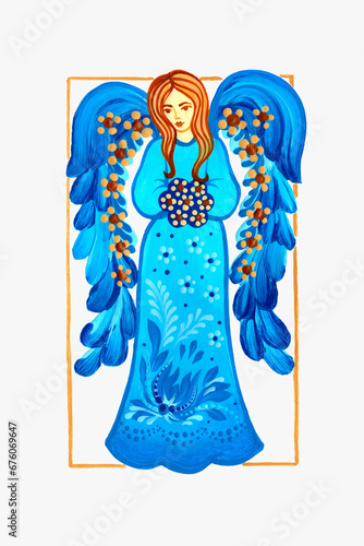 Christmas angel in blue color, hand drawn.