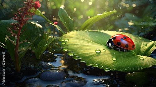  a ladybug sitting on top of a green leaf in the middle of a pond with water droplets on it. generative ai