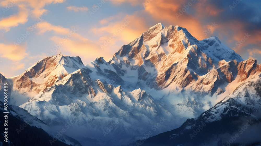 Majestic Mountain Range Bathed in the Glowing Morning Light, Highlighting the Snow-Capped Peaks, Enhanced with Cool Tones to Portray a Crisp and Fresh Aura