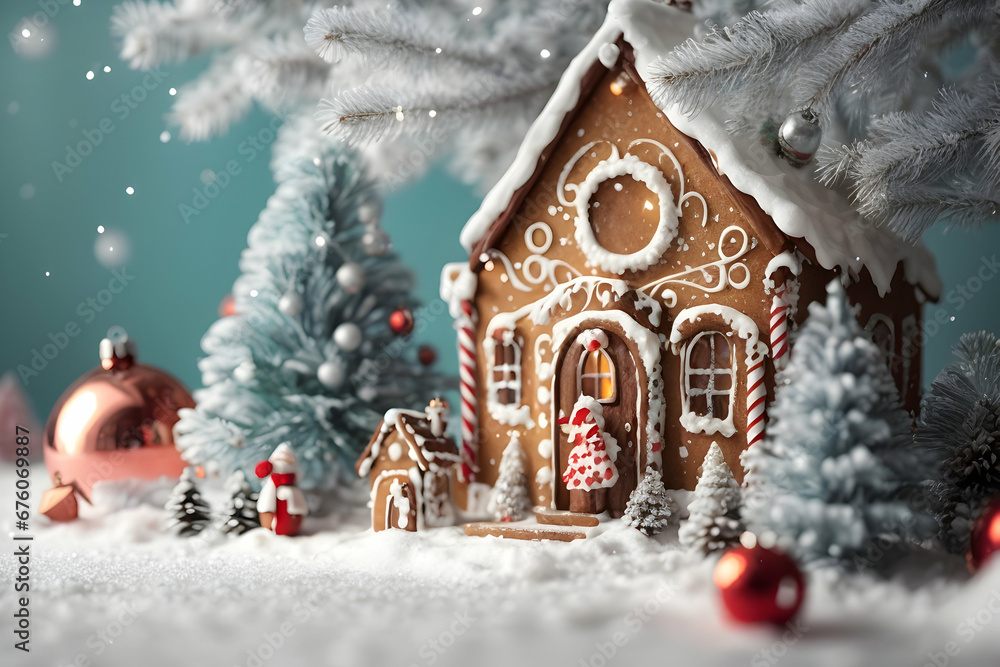 Gingerbread house on snowy background. Christmas winter holiday composition. Generative AI.