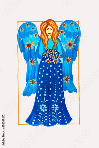 Christmas angel hand drawn, gold effect.