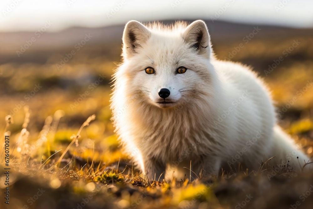 Portrait of the Wild Arctic Fox in Winter. Wild Nature Reserve, Wildlife Sanctuary. Vulpes Vulpes. White Fox in Sunny Day. Beautiful animal in the Natural Habitat. Portrait of the Wild Arctic Fox in Winter. Wild Nature Reserve, Wildlife Sanctuary. Vulpes Vulpes. White Fox in Sunny Day. Beautiful animal in the Natural Habitat.