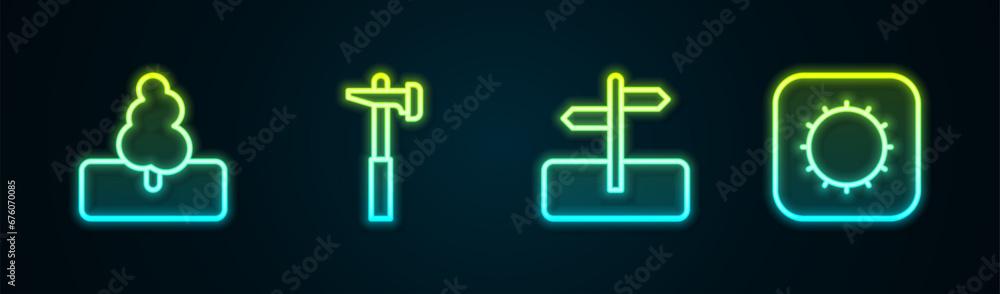 Set line Tree, Hammer, Road traffic sign and Sun. Glowing neon icon. Vector Set line Tree, Hammer, Road traffic sign and Sun. Glowing neon icon. Vector