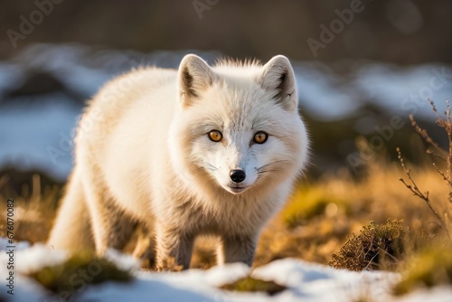 Portrait of the Wild Arctic Fox in Winter. Wild Nature Reserve  Wildlife Sanctuary. Vulpes Vulpes. White Fox in Sunny Day. Beautiful animal in the Natural Habitat.