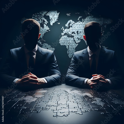 concept of worldwide geopolitics. mysterious people building new world order constructing world map from puzzles