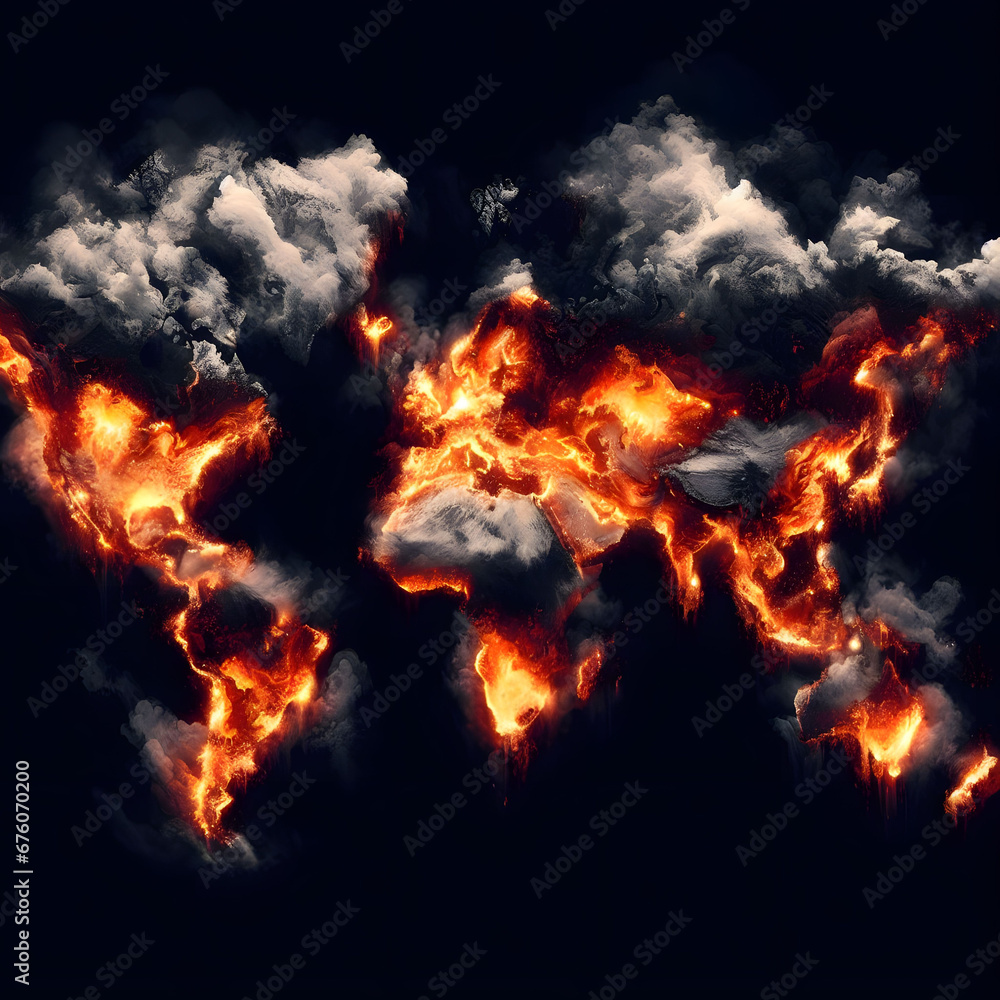 world map on fire. concept of global conflict geopolitics world map on fire. concept of global conflict geopolitics