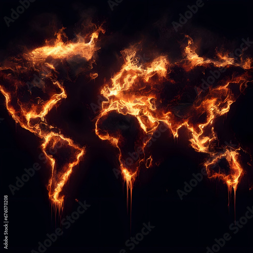 world map on fire. concept of global conflict geopolitics photo
