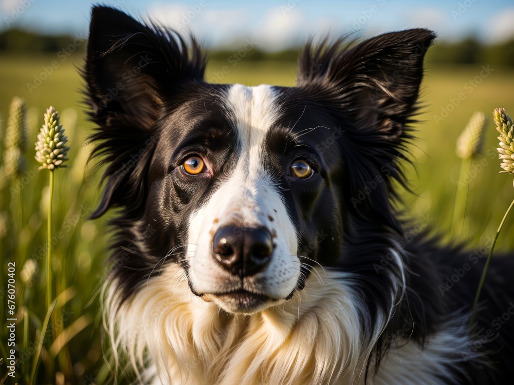 Portrait of a Border Collie Shepherd Dog on a Grassy Field. Man's Best Friend. Portrait of the Dog on the Meadow. Family Dog. Herding Dog