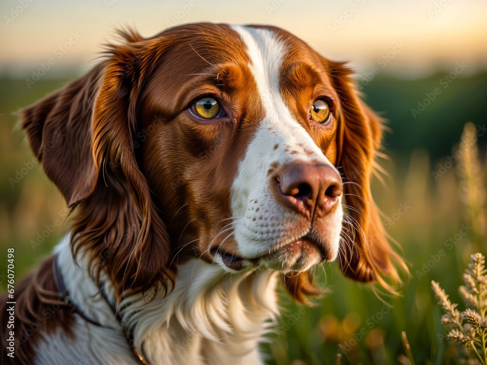 Portrait of a Brittany Hunting Dog on an Autumn Field. Man's Best Friend. Portrait of the Dog on the Meadow. Family Dog. Bird Hunting Dog