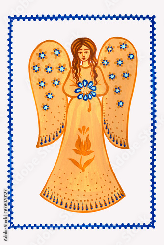 Christmas angel hand drawn, gold effect.