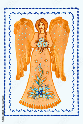 Christmas angel hand drawn, gold effect.