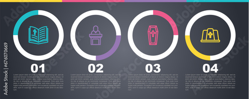Set line Holy bible book, Church pastor preaching, Coffin and Pope hat. Business infographic template. Vector