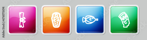 Set line Papyrus scroll, Egypt mummy in sarcophagus, Butterfly fish and Nefertiti. Colorful square button. Vector