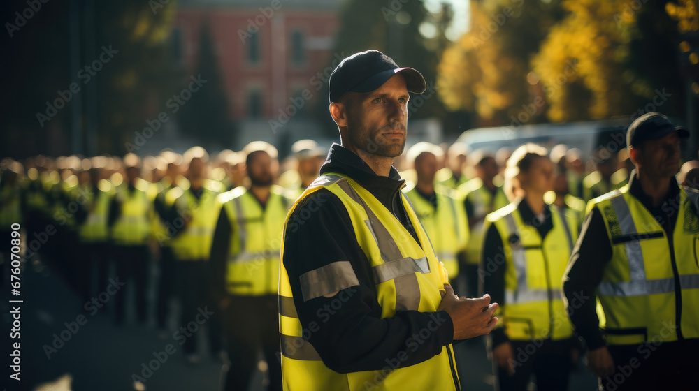 Many security guards with neon yellow vest doing his job on a event. - obrazy, fototapety, plakaty 