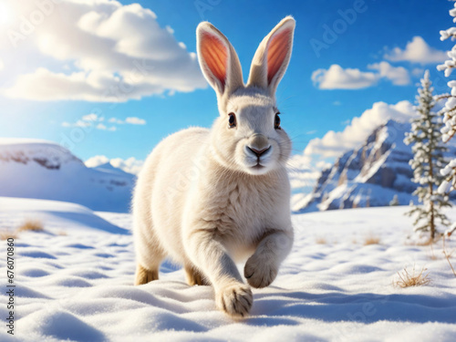 A white mountain hare runs through a snowy landscape in the sunshine.