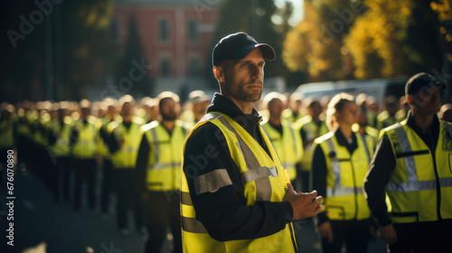 Many security guards with neon yellow vest doing his job on a event. © visoot
