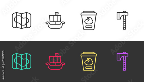 Set line Map of Iceland, Viking ship Drakkar, Yogurt container and Wooden axe on black and white. Vector