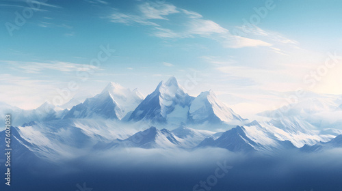 Majestic Mountain Range Bathed in the Glowing Morning Light, Highlighting the Snow-Capped Peaks, Enhanced with Cool Tones to Portray a Crisp and Fresh Aura