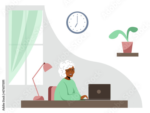 Senior woman sitting with laptop. Dark-skinned elderly woman works with computer. Computer use by elderly. Elderly people and gadgets concept Vector illustration. 