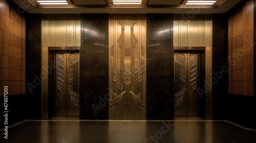 Art Deco interior design lobby elevators dark  photo
