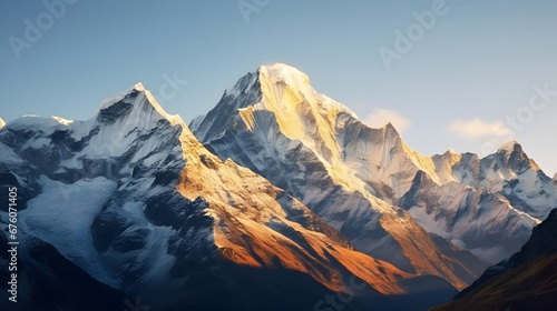 Majestic Mountain Range Bathed in the Glowing Morning Light, Highlighting the Snow-Capped Peaks, Enhanced with Cool Tones to Portray a Crisp and Fresh Aura © Aaron Wheeler