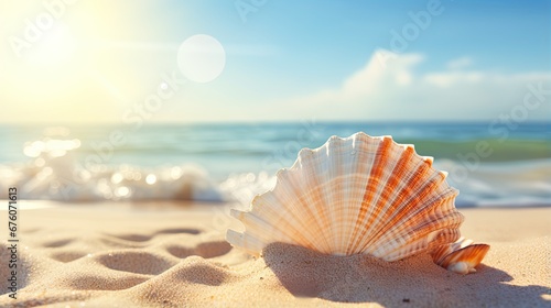 One seashell shell lies on the sandy shore of the sea or ocean at sunset of the day. Illustration for cover, card, postcard, interior design, banner, poster, brochure or presentation. © Login