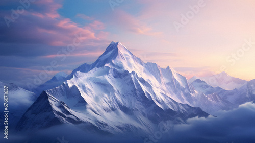 Majestic Mountain Range Bathed in the Glowing Morning Light, Highlighting the Snow-Capped Peaks, Enhanced with Cool Tones to Portray a Crisp and Fresh Aura