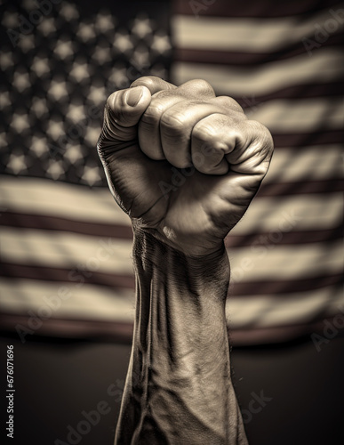 Raised fist over american flag. Freedom and resistance concept. Generative Ai © ArtmediaworX