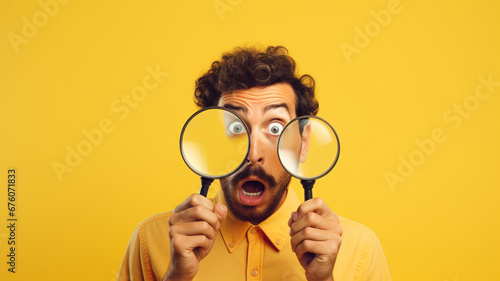 portrait of handsome young man with magnifying glass looking at camera on yellow background