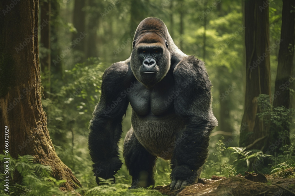 Giant gorilla standing up walking in tropical green rainforest
