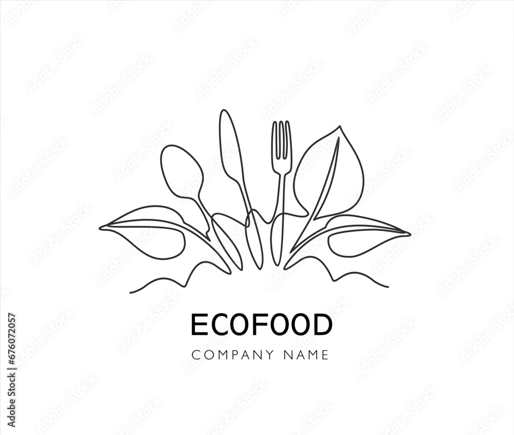 Fototapeta premium Logo design organic food. Continuous one line drawing of fork, knife, spoon and leafs design icon vector illustration