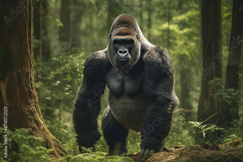 Giant gorilla standing up walking in tropical green rainforest